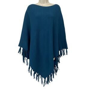 J Jill Sweater Poncho Womens XL 1X 2X 3X Teal Blue Fringe Jewel Tone Cozy NEW